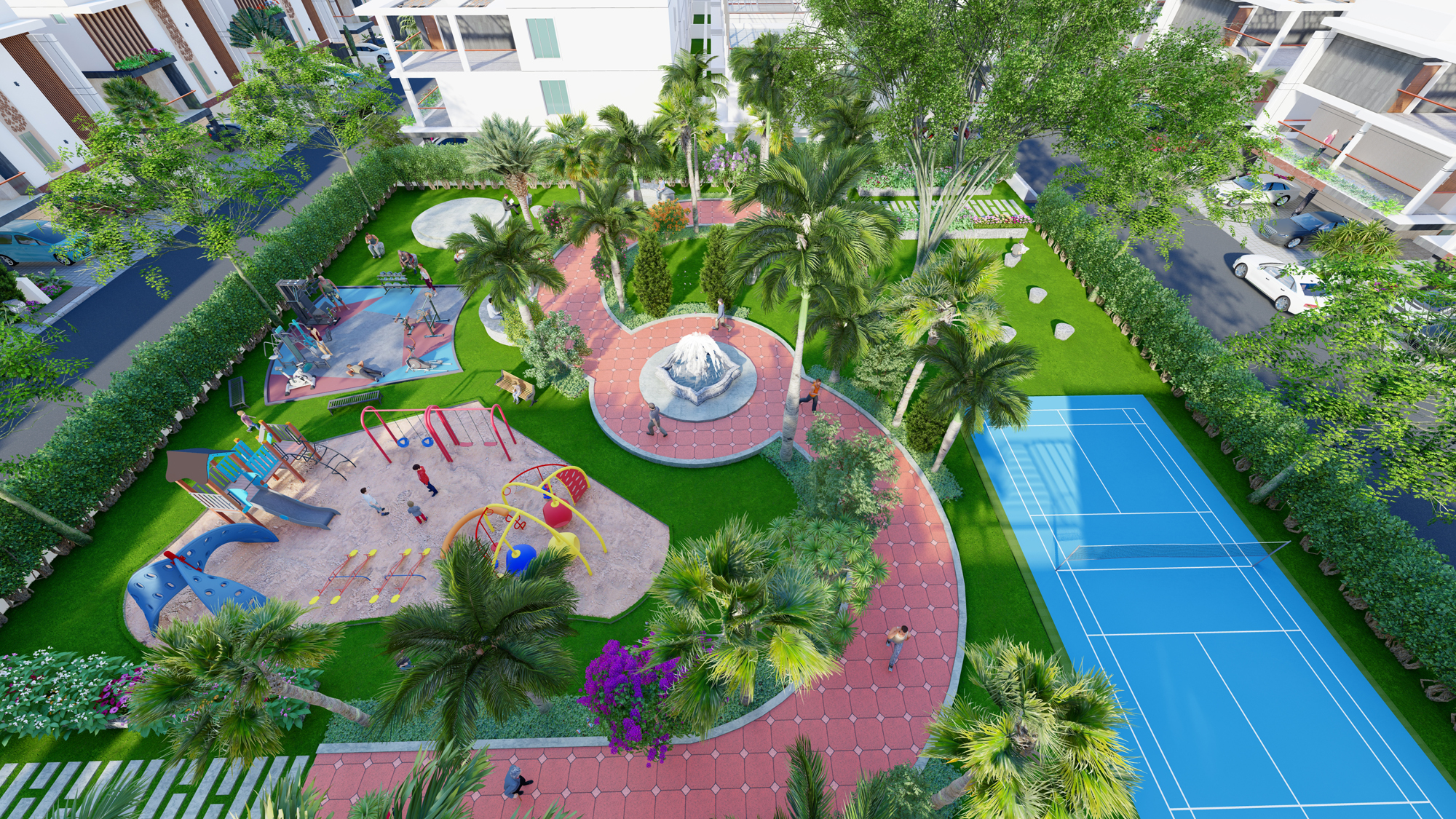 Central landscaped park with sports and play areas